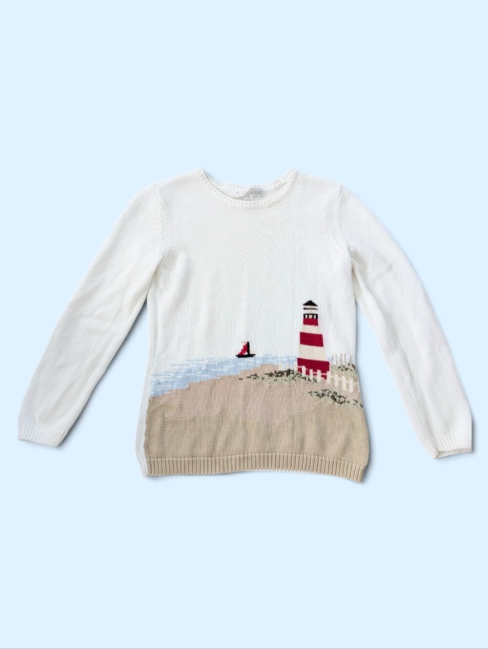 Petite Sophisticate Lighthouse knit Sweater  Nautical Beach coastal P (XS)